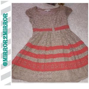👗Lauren Conrad Taupe lace and Coral A Line dress